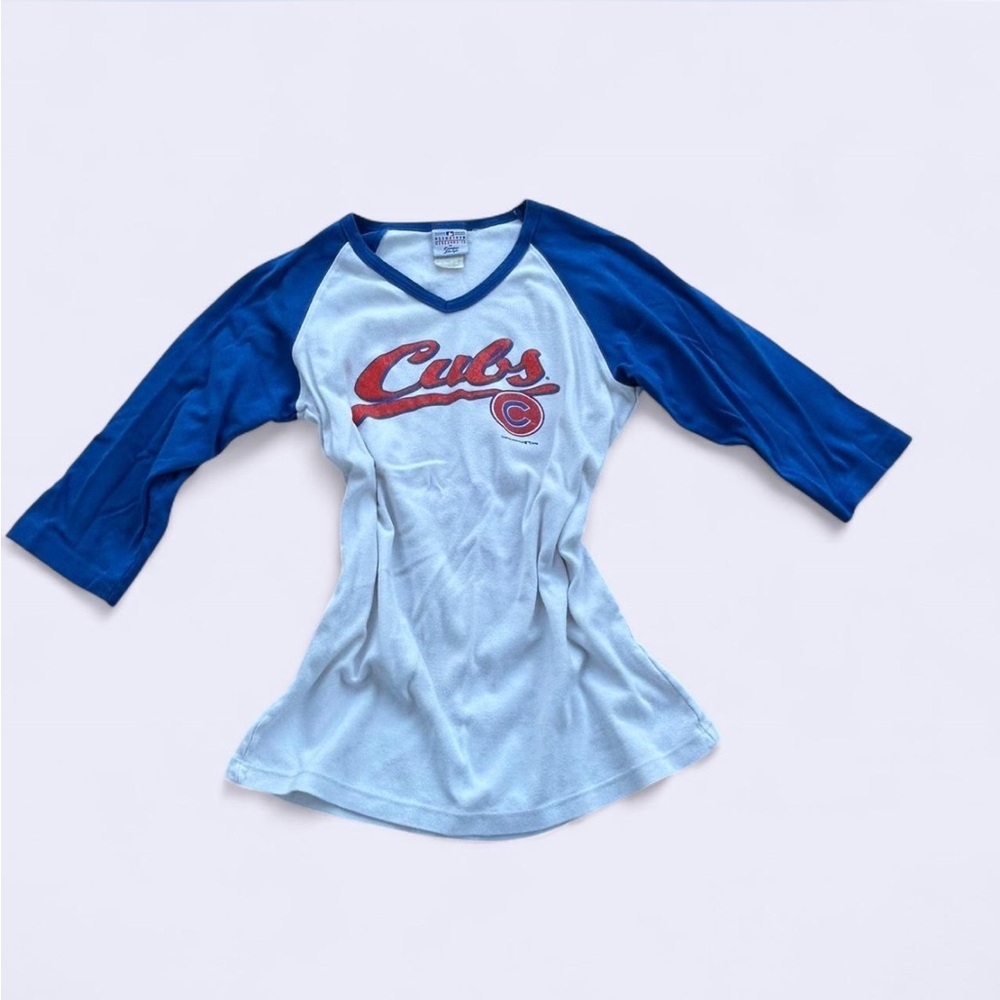 Vintage MLB Cubs 3/4 sleeve white baseball tee w blue sleeves